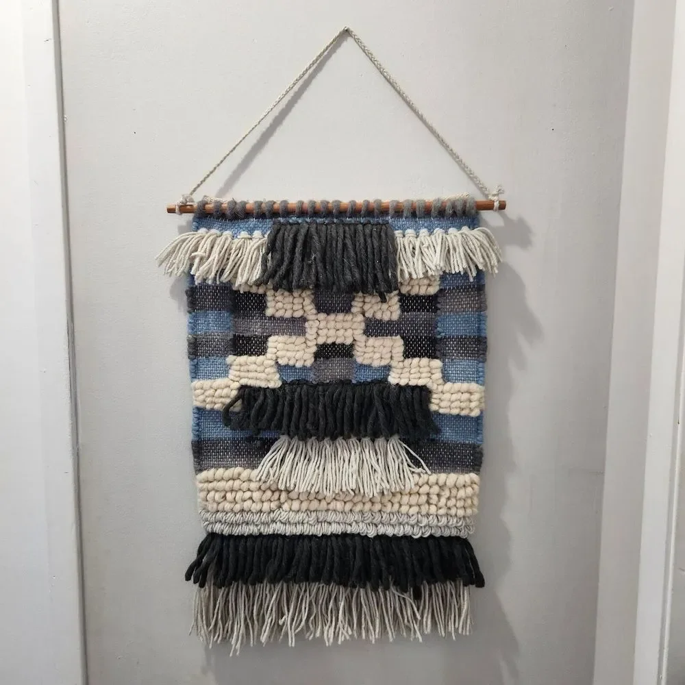 Macrame Woven Blue Cream Wall Hanging 15x24 Wool Tapestry Boho Made in India